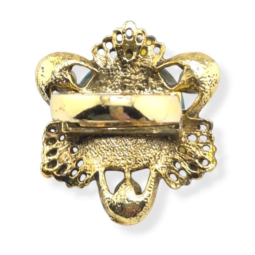 Vintage Gold Tone Adjustable Cocktail Ring Faux Turquoise Art Glass Pearl 6-11